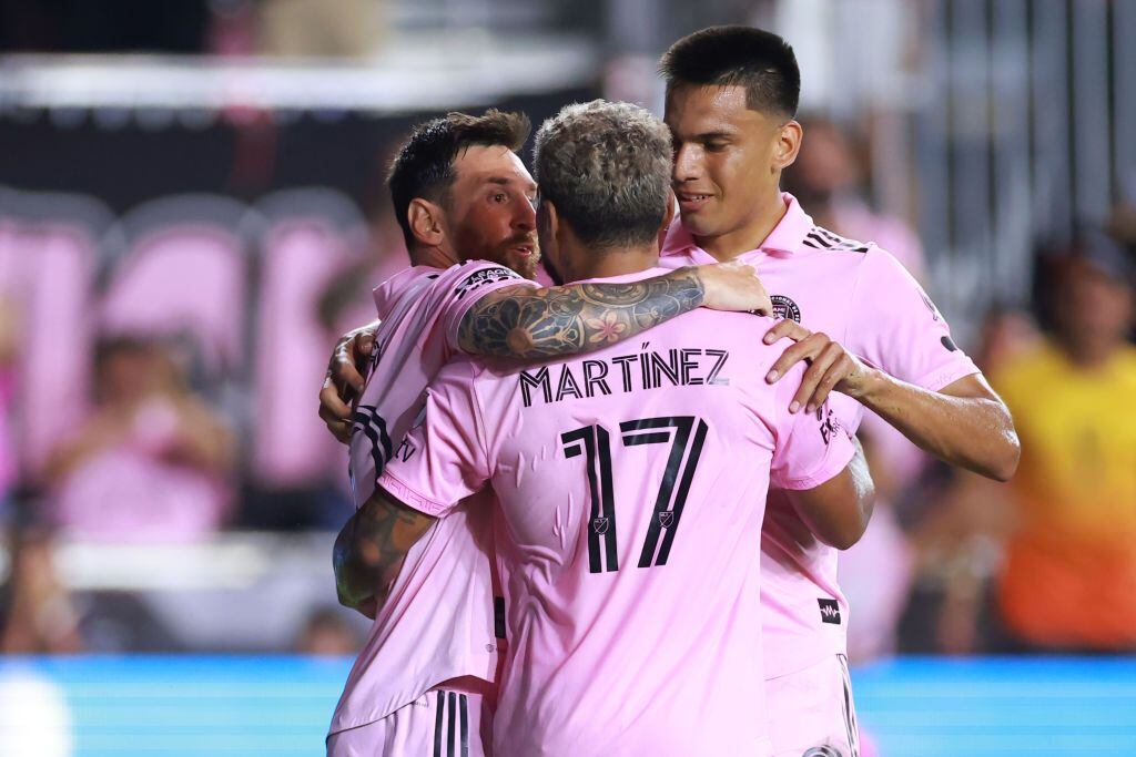 FORT LAUDERDALE, FLORIDA - AUGUST 02: Lionel Messi #10 of Inter Miami CF celebrates with teammates after scoring a goal in the second half during the Leagues Cup 2023 Round of 32 match between Orlando City SC and Inter Miami CF at DRV PNK Stadium on August 02, 2023 in Fort Lauderdale, Florida. (Photo by Hector Vivas/Getty Images)