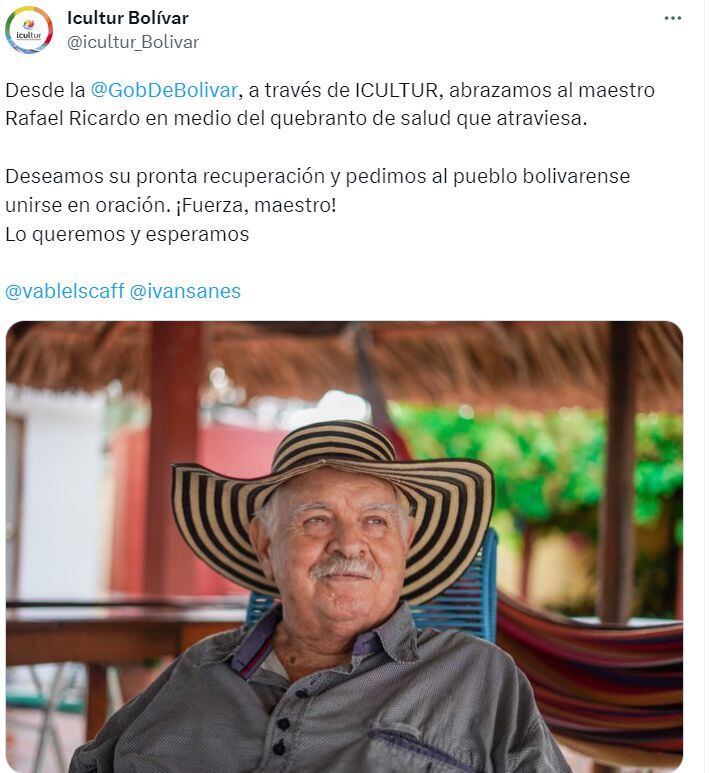 Twitter del Instituto de Cultura y Turismo de Bolívar sobre estado de salud de Rafael Ricardo