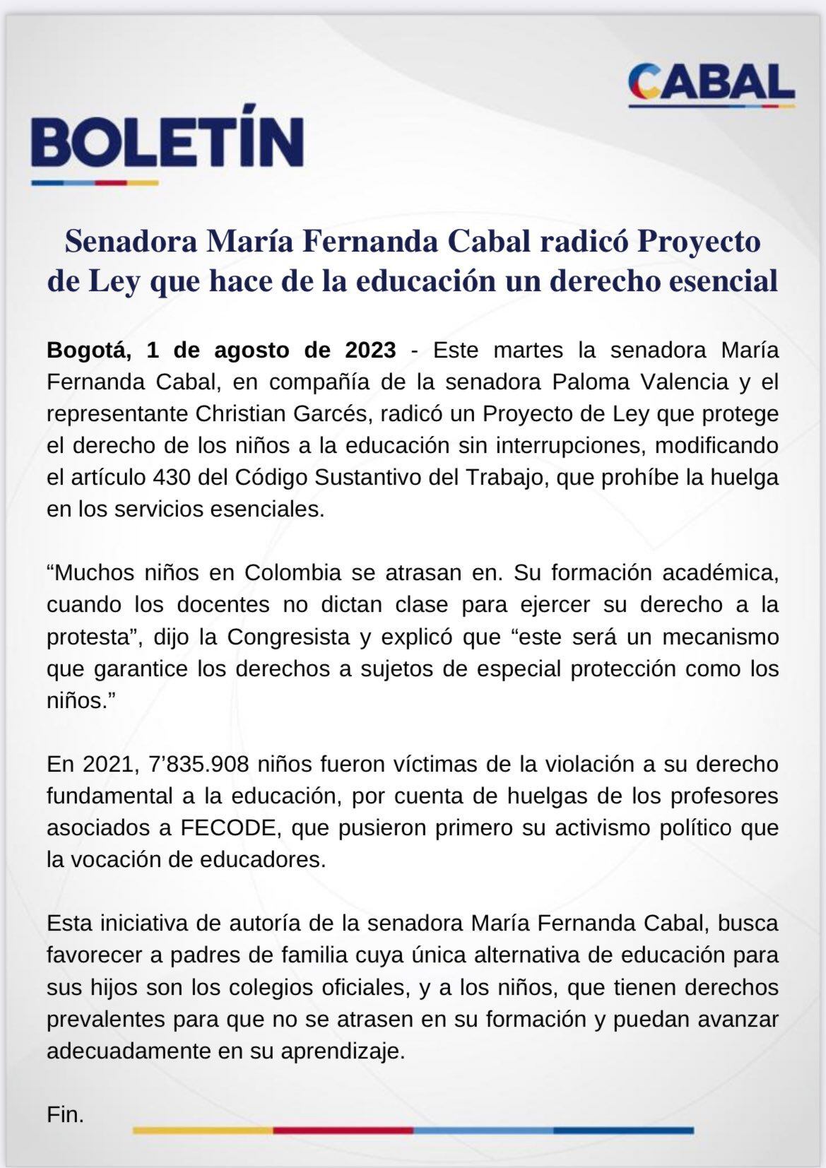 María Fernanda Cabal espera que se frenen los paros de los profesores.