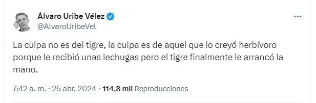 Este fuen el tuit del expresidente Álvaro Uribe que generó dudas.