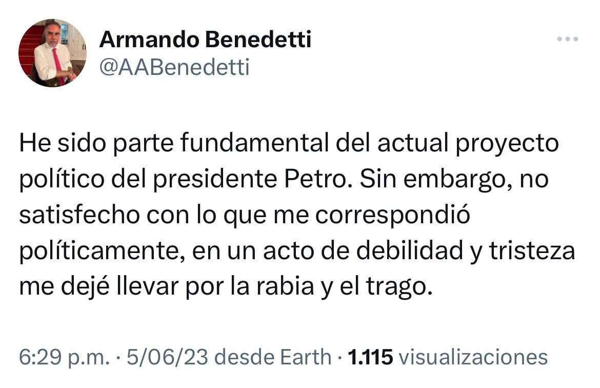 Armando Benedetti se aseguró a través de Twitter que se dejó llevar por la rabia.