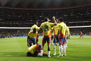 Selección Colombia celebrando un gol frente a Rumania en el Cívitas Metropolitano