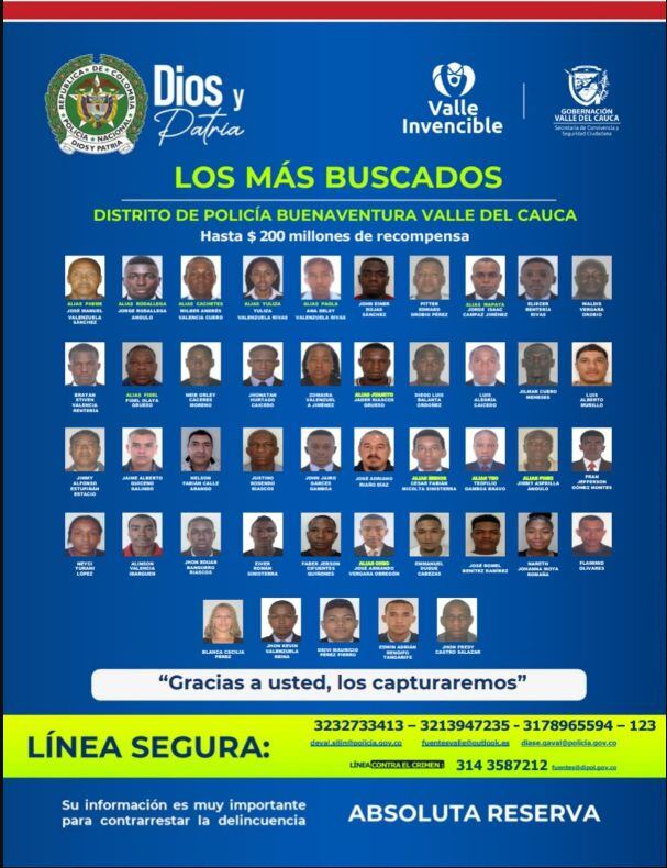 Cartel de los 45 delincuentes más buscadas de Buenaventura