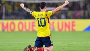 James Rodríguez celebrando el triunfo de la Selección Colombia sobre Brasil.
