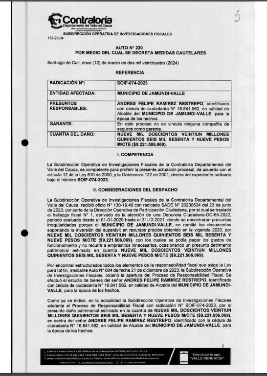 Este es el documento emitido por la Contraloría Departamental del Valle del Cauca.