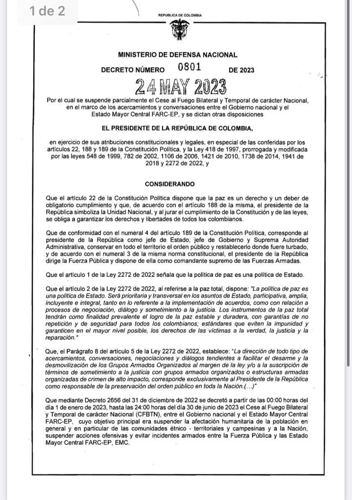 Este fue el decreto con el que el Gobierno nacional suspendió el cese al fuego con el Estado Mayor Central, las disidencias de Iván Mordisco