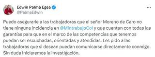 Tuit Edwin Palma sobre las denuncias por acoso laboral contra el excongresista Carlos Moreno de Caro