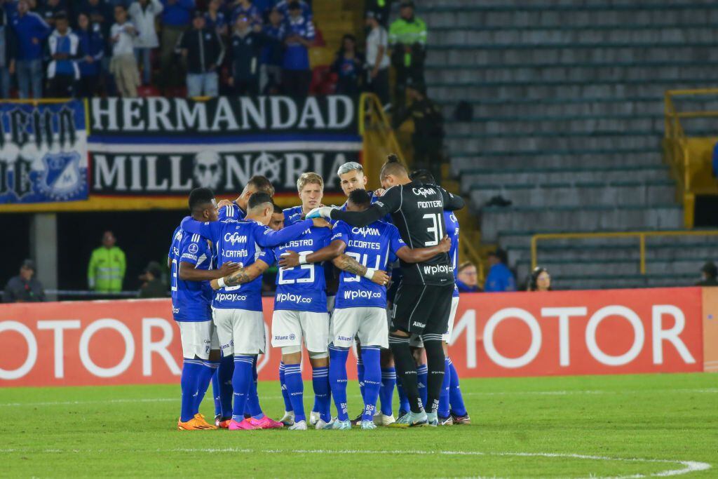 Millonarios COL)  players in the match between Millonarios F. C. (COL) and America F. C. (BRA) of the group stage date 3 of group F between Millonarios F. C. (COL) and America F. C. (BRA) for the CONMEBOL South American Cup 2023 at the Nemesio Camacho El Campin stadium in the city of Bogota.  (Photo by Daniel Garzon Herazo/NurPhoto via Getty Images)