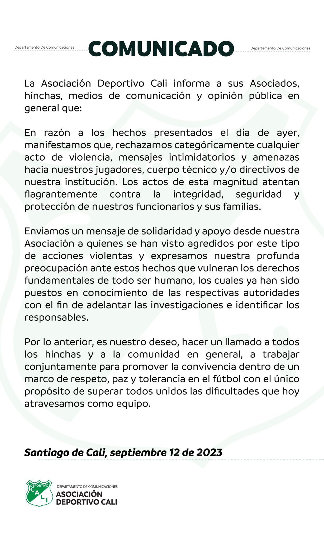 Deportivo Cali y su comunicado por el caso de Mera.