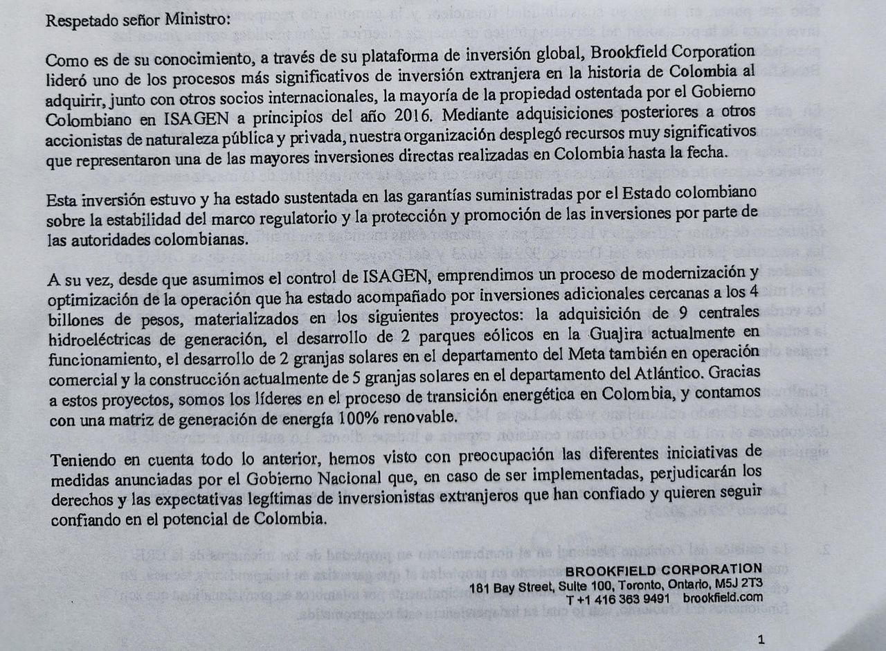 Carta que enviaron Brookfiel Corporation, dueños de Isagen, al Ministerio de Minas y Energía.