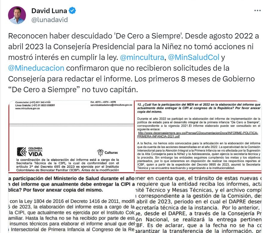 El senador David Luna denunció supuestas irregularidades en el programa para la protección de la niñez en Colombia.