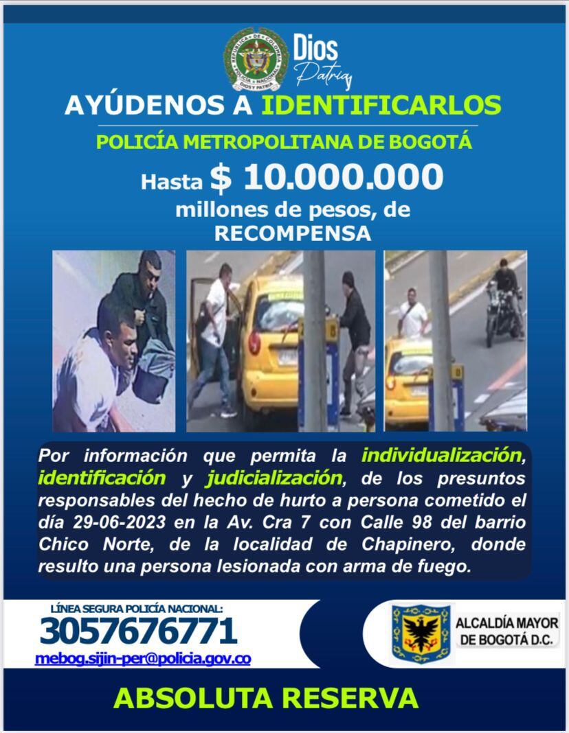 Cartel de los criminales que protagonizaron robo en Bogotá.