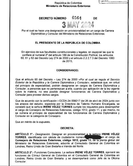 Este es el decreto con el que Irene Vélez fue nombrada cónsul en Reino Unido.