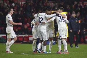 Tottenham Hotspur players celebrate their victory at the English Premier League soccer match between Nottingham Forest and Tottenham Hotspur at City ground in Nottingham, England, Friday, Dec. 15, 2023. (AP Photo/Rui Vieira)