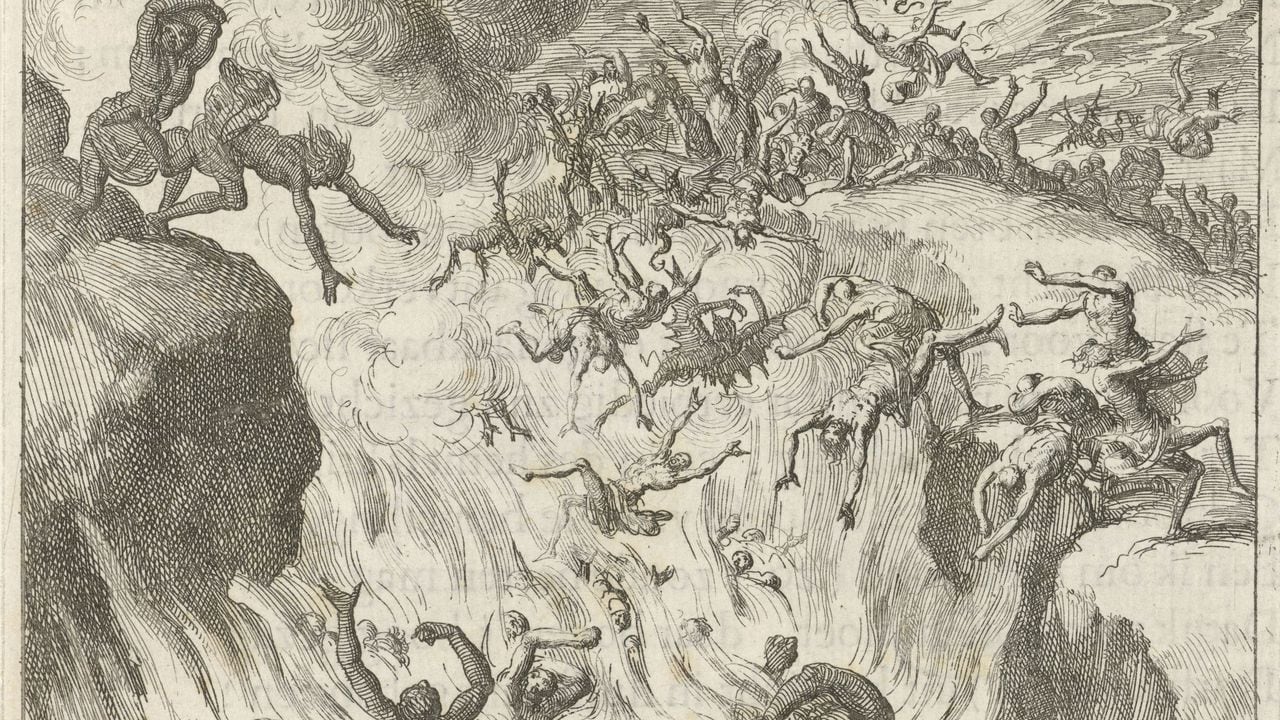 Hombres y mujeres desnudos son arrojados a las llamas eternas del infierno por los demonios, los condenados son arrojados al Fuego Eterno, impresor: Jan Luyken