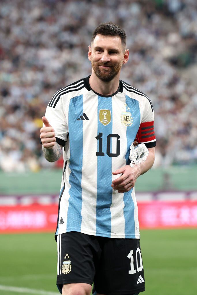 BEIJING, CHINA - JUNE 15: Lionel Messi of Argentina thumbs up prior to the international friendly match between Argentina and Australia at Workers Stadium on June 15, 2023 in Beijing, China. (Photo by Lintao Zhang/Getty Images)