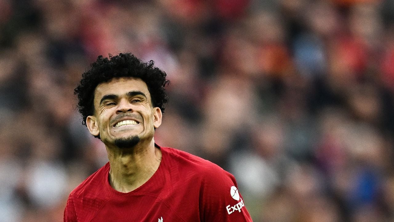 Liverpool's Colombian midfielder Luis Diaz reacts after a missed shot during the English Premier League football match between Liverpool and Fulham at Anfield in Liverpool, north west England on May 3, 2023. (Photo by Paul ELLIS / AFP) / RESTRICTED TO EDITORIAL USE. No use with unauthorized audio, video, data, fixture lists, club/league logos or 'live' services. Online in-match use limited to 120 images. An additional 40 images may be used in extra time. No video emulation. Social media in-match use limited to 120 images. An additional 40 images may be used in extra time. No use in betting publications, games or single club/league/player publications. /