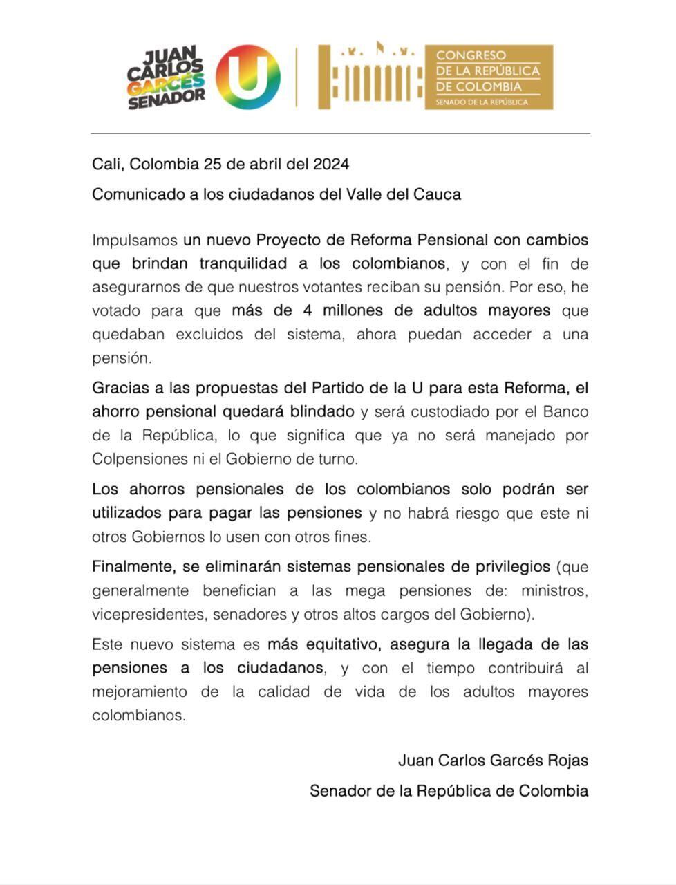 Carta enviada por el senador Juan Carlos Garcés.