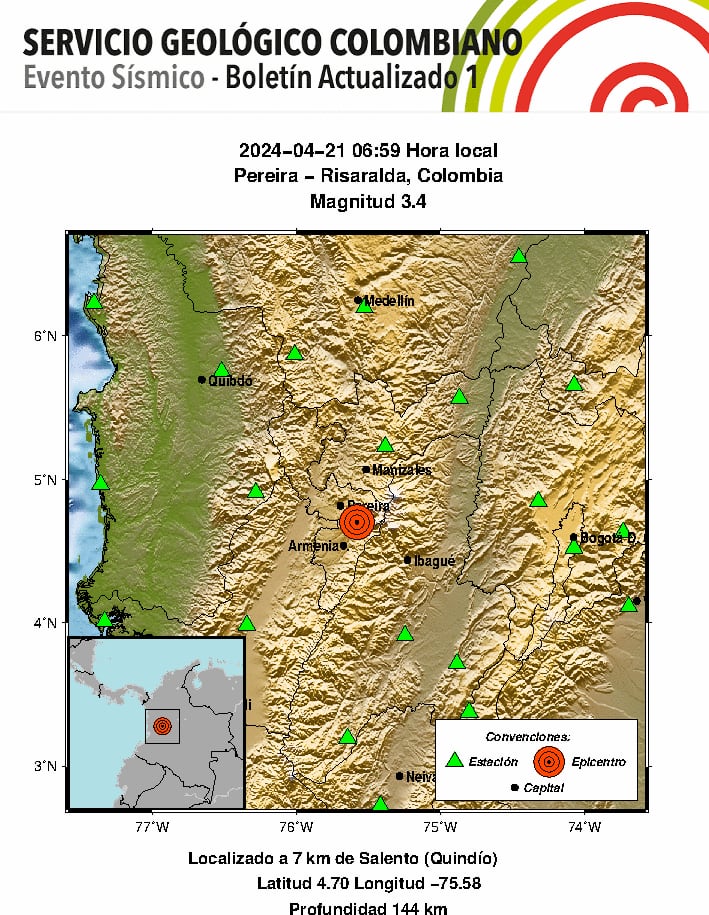 Boletín del temblor en Pereira - Risaralda. 21 de abril 2024.