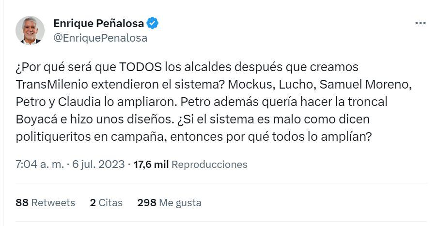 Trino de Enrique Peñalosa por criticas al TransMilenio