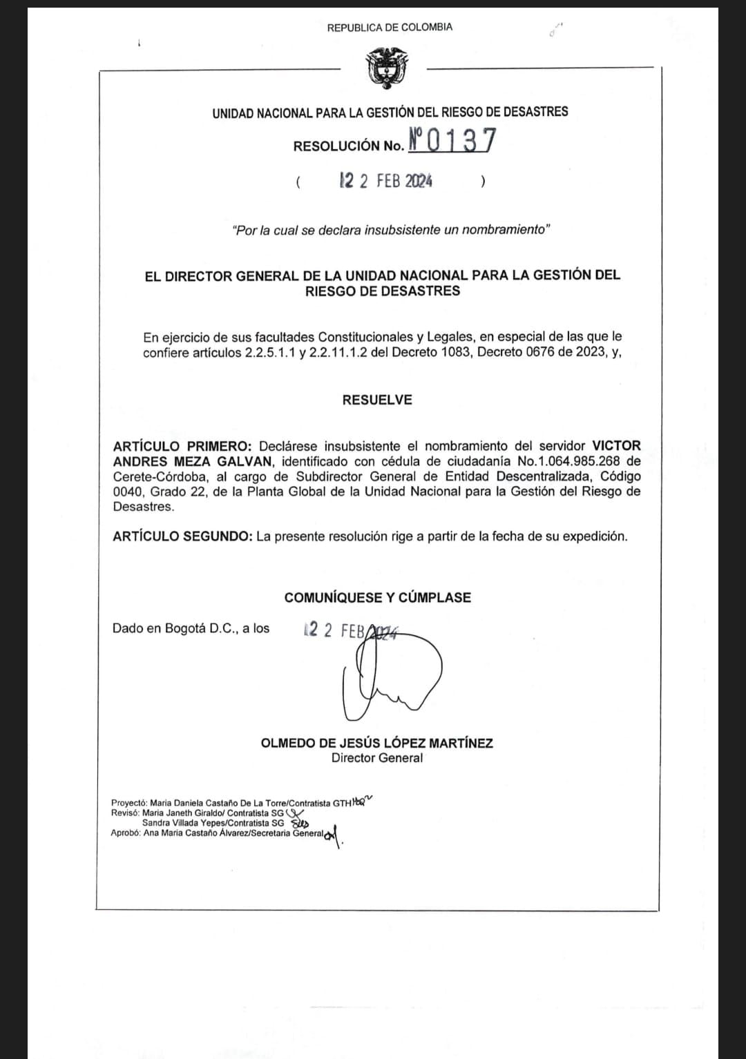 Resolución insubsistencia subdirector Ungrd, Víctor Andrés Meza Galván