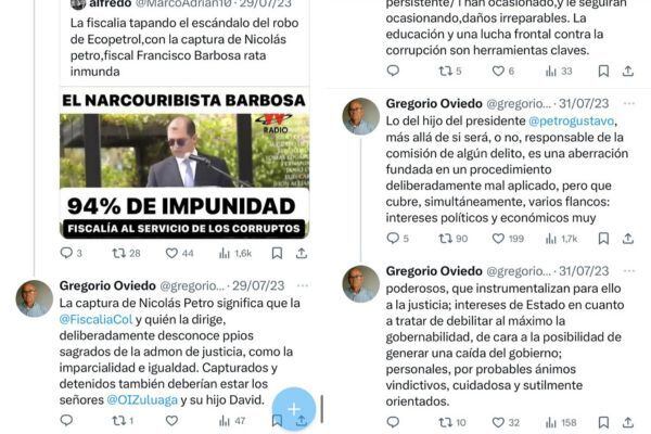 Estos son los trinos de Gregorio Oviedo, el esposo de la candidata a fiscal Amelia Pérez.