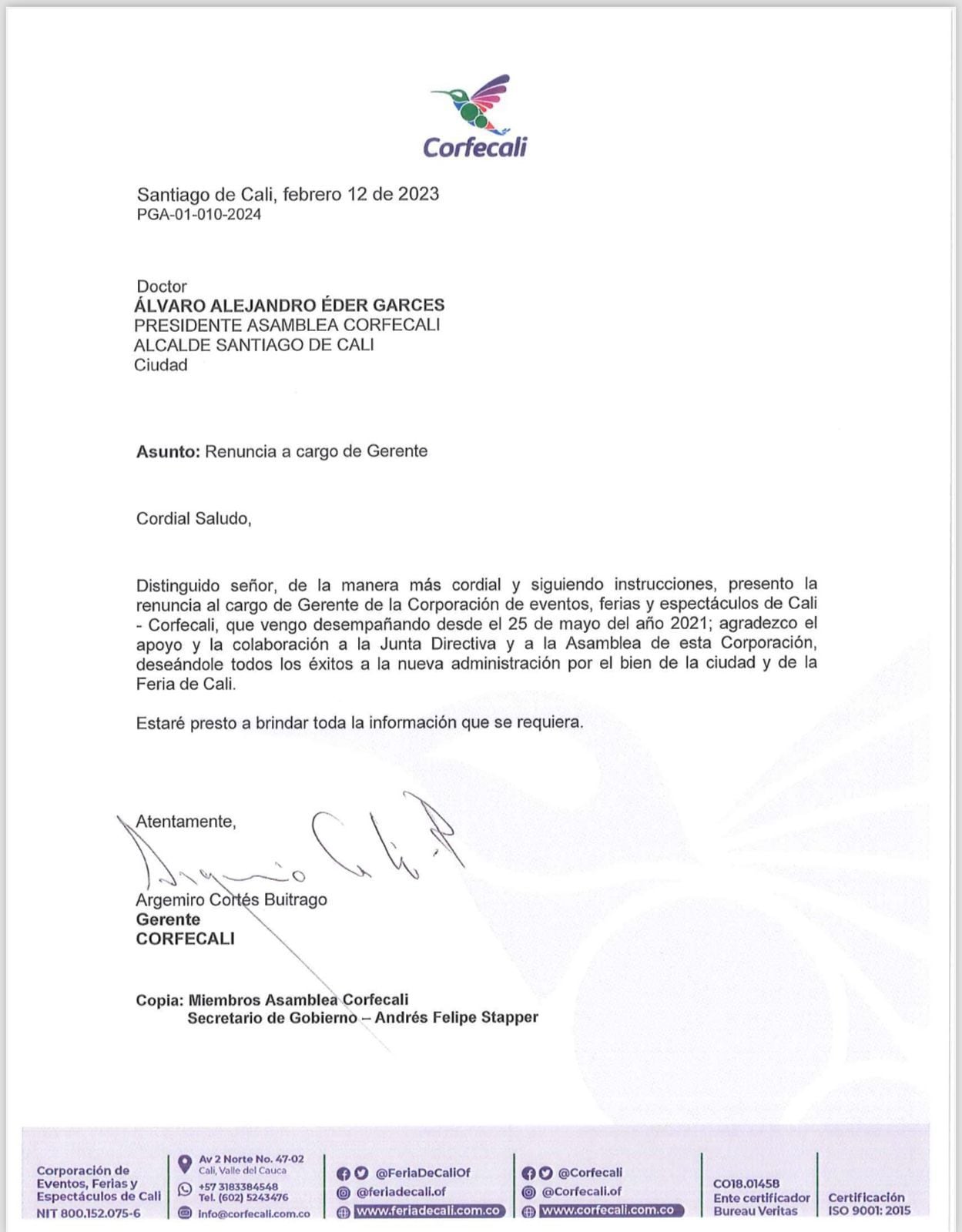 Esta es la carta donde se lee que Argemiro Cortés renuncia al cargo.