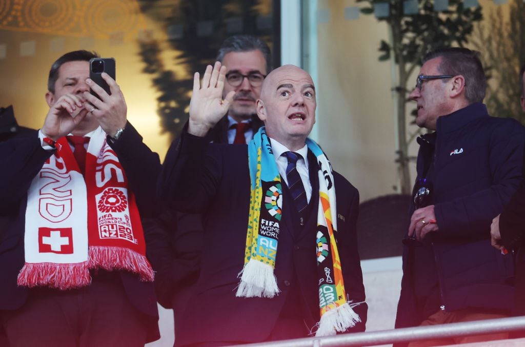 DUNEDIN, NEW ZEALAND - JULY 21: Gianni Infantino, President of FIFA, is seen prior to the FIFA Women's World Cup Australia & New Zealand 2023 Group A match between Philippines and Switzerland at Dunedin Stadium on July 21, 2023 in Dunedin, New Zealand. (Photo by Lars Baron/Getty Images)