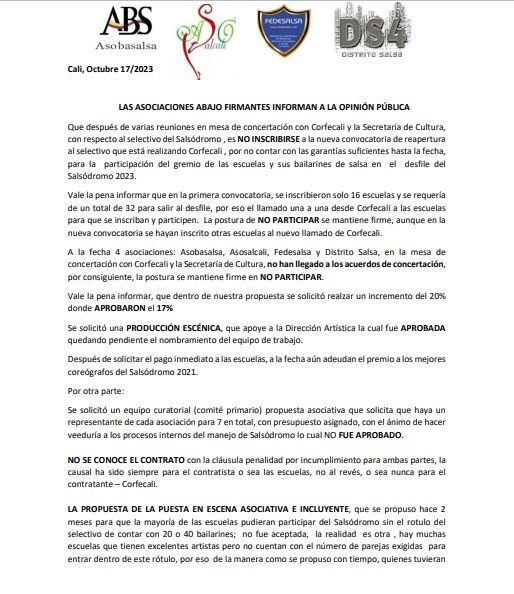 Este es el comunicado que firman cuatro asociaciones para no participar del Salsódromo.