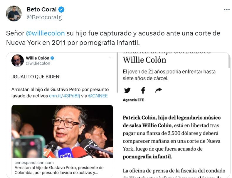 Willie Colón fue criticado en redes sociales porque uno de sus hijos también es acusado de graves delitos en Estados Unidos.