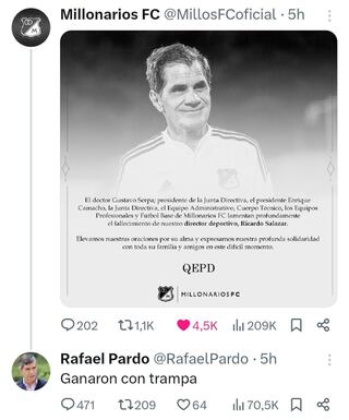Esta fue la respuesta del político Rafael Pardo a la muerte de Ricardo 'Pitirri' Salazar en X.