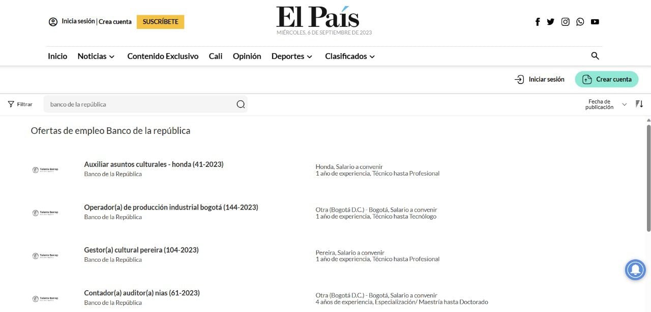 Conozca más vacantes del Banco de la República en El País / Empleos.
www.elpais.com.co/empleos/