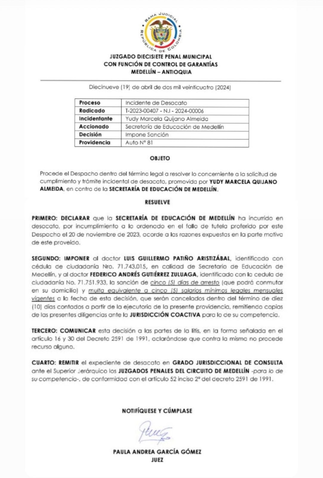 Este fue el documento emitido por el juzgado 17 penal municipal con función de garantías de Medellín.