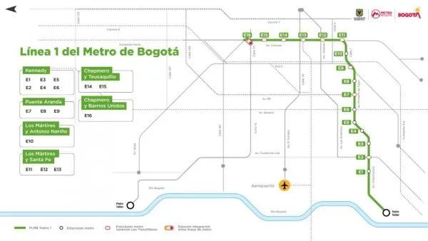 Mapa de la Linea 1 del Metro de Bogotá.