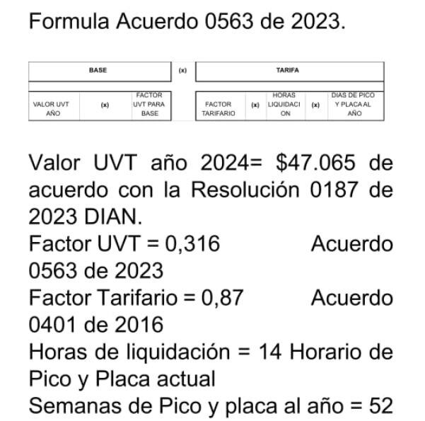 Estos son los valores  de la fórmula para el cálculo de la tasa por congestión extraídos del decreto firmado por la Alcaldía.