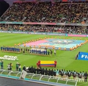 Momentos de alegría se vivieron en el Mundial Femenino 2023 en el instante en el que se cantó el himno de Colombia.