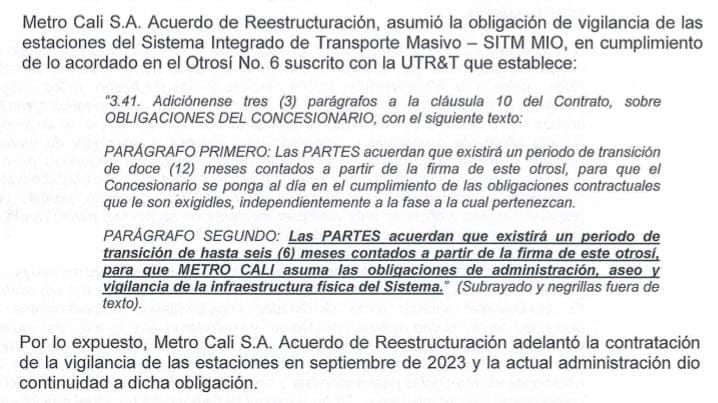 Esta es la parte del contrato en la que se estipula que la responsabilidad pasó a Metrocali.