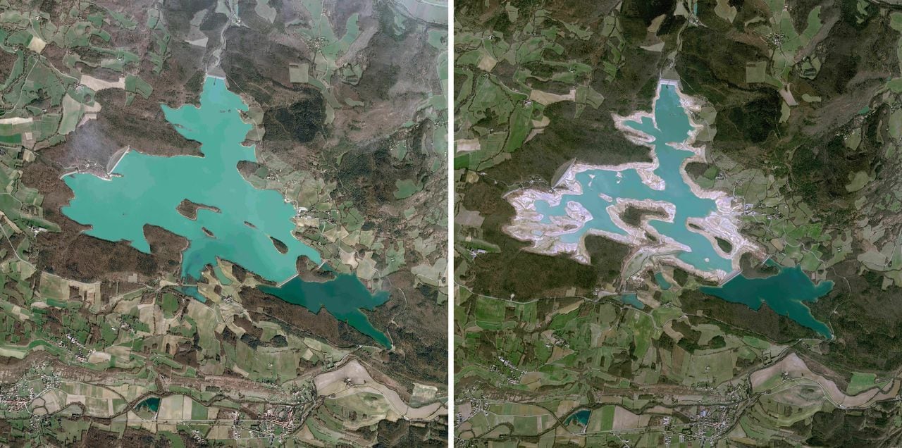 El lago Montbel en el sur de Francia, ha disminuido su nivel de agua gracias a la sequía que se ha presentado en el país.