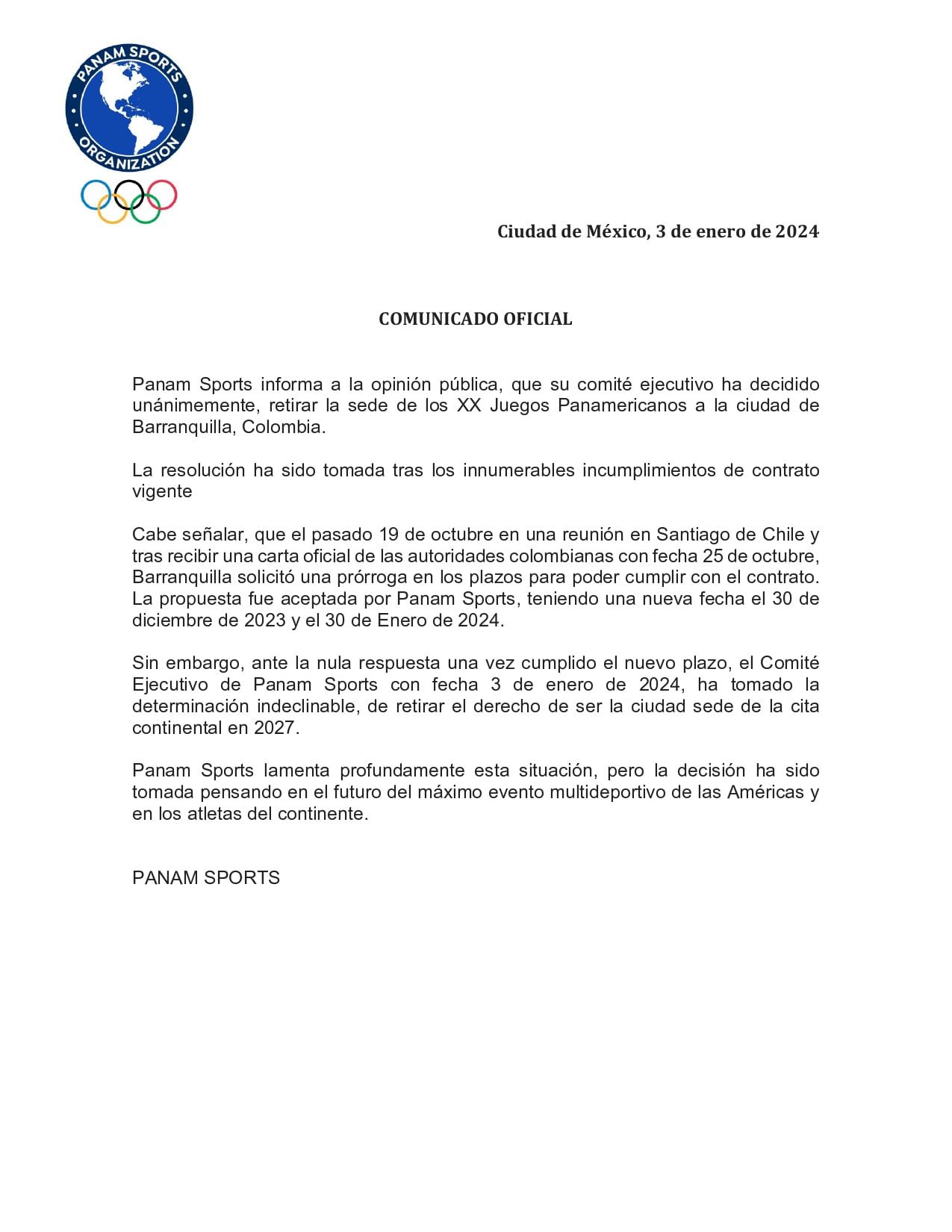 Statement by Panam Sports regarding serious non-compliance with the costs of hosting the 2027 Pan American Games in Barranquilla.