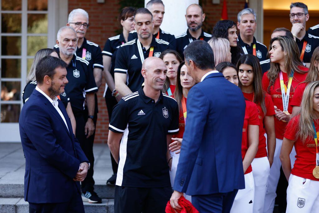 MADRID, SPAIN - AUGUST 22: Pedro Sanchez, First Minister of Spain, greets Victor Francos and Luis Rubiales during a reception for the players and staff of the Spain women's national football team after they won the FIFA Women's World Cup Australia & New Zealand 2023 at Palacio de la Moncloa on August 22, 2023, in Madrid, Spain. (Photo by Oscar J. Barroso / AFP7 via Getty Images)