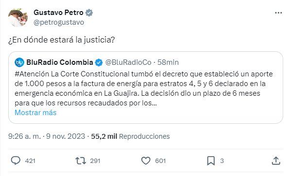 Publicación del presidente Gustavo Petro en su cuenta de X.