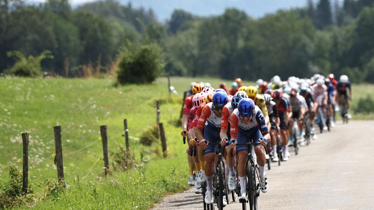 El grupo de ciclistas pedalea durante la 19.ª etapa de la 110.ª edición de la carrera ciclista del Tour de Francia de 173 km entre Moirans-en-Montagne y Poligny, en el departamento de Jura, en el centro-este de Francia, el 21 de julio de 2023. (Foto de Anne-Christine POUJOULAT / AFP)