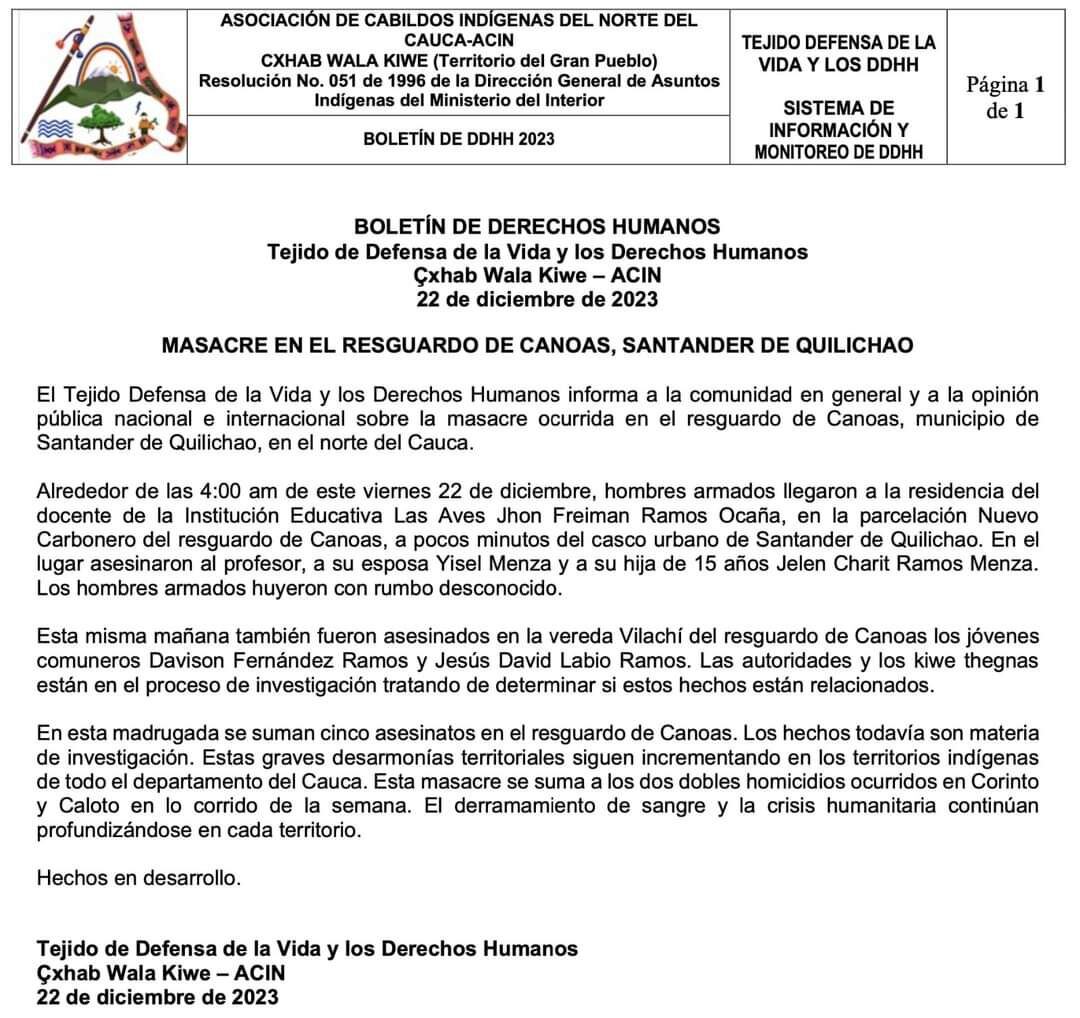 Comunicado de la Asociación de Cabildos indígenas del Norte del Cauca (Acin) sobre la masacre en el resguardo de Canoas, en Santander de Quilichao.