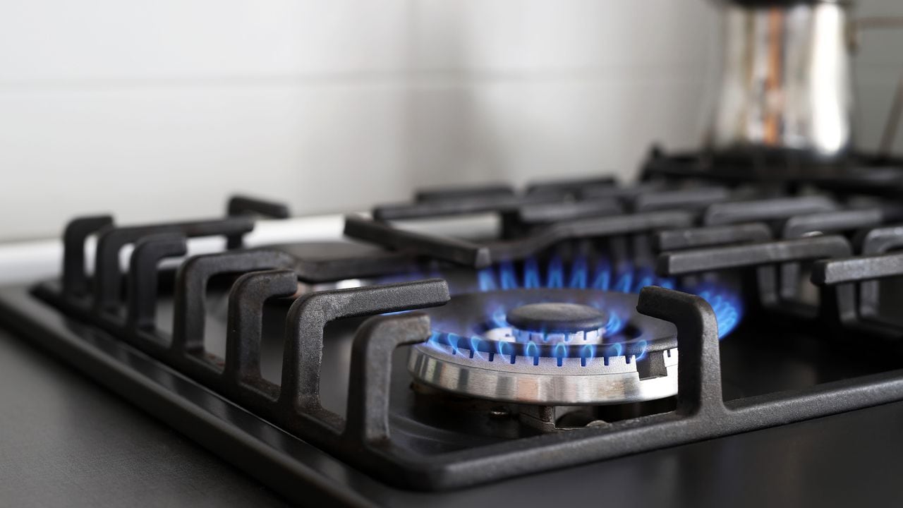 Close up of blue fire from the kitchen hob with propane gas. Stove. Gas crisis. Rising prices.