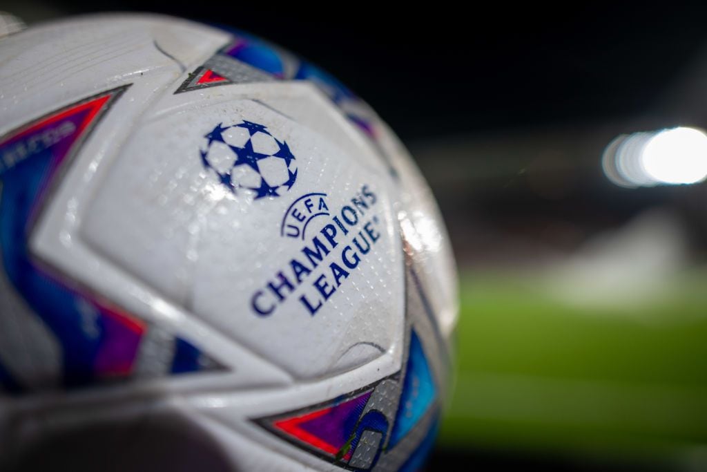 LENS, FRANCE - OCTOBER 24: Official match ball with UEFA Champions League logo during the UEFA Champions League match between RC Lens and PSV Eindhoven at Stade Bollaert-Delelis on October 24, 2023 in Lens, France. (Photo by Sebastian Frej/MB Media/Getty Images)
