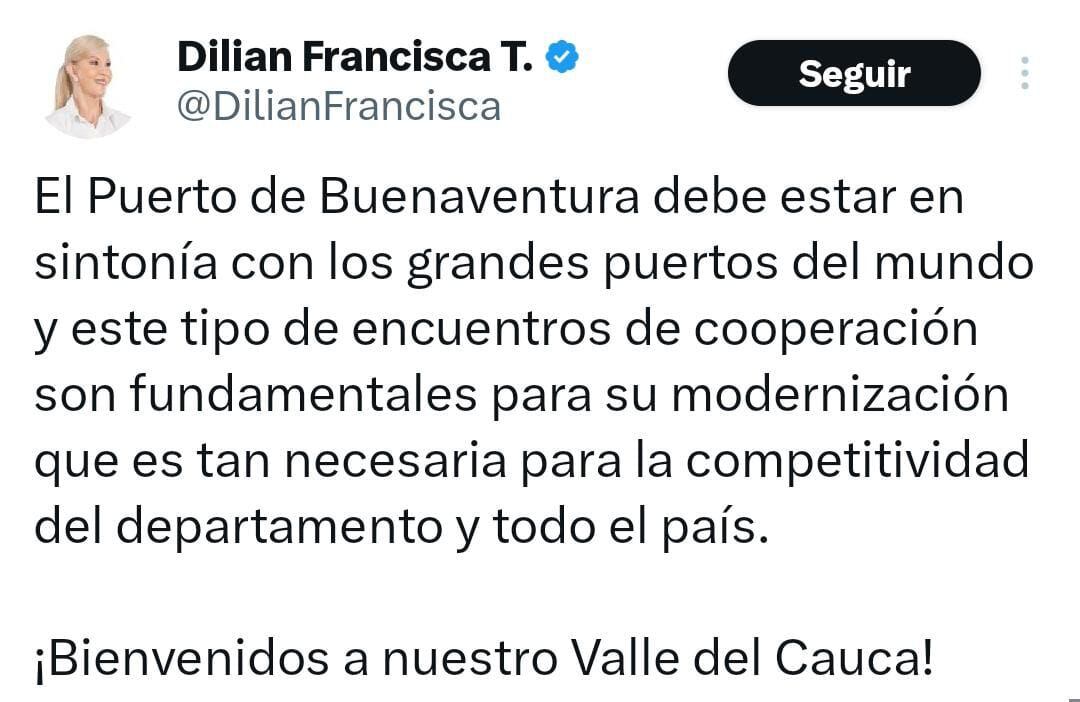 Este fue el mensaje que la gobernadora del Valle del Cauca, Dilian Francisca Toro, publicó al respecto.