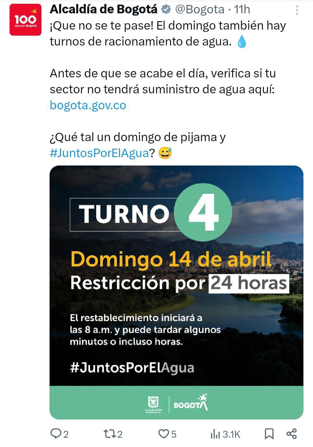 Esta fue la información que la Alcaldía de Bogotá publicó anunciando el racionamiento de agua para el sector 4 en la ciudad.