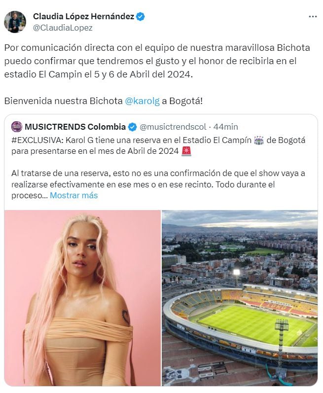 La alcaldesa Claudia López confirmó la presencia de Karol G en la ciudad de Bogotá.