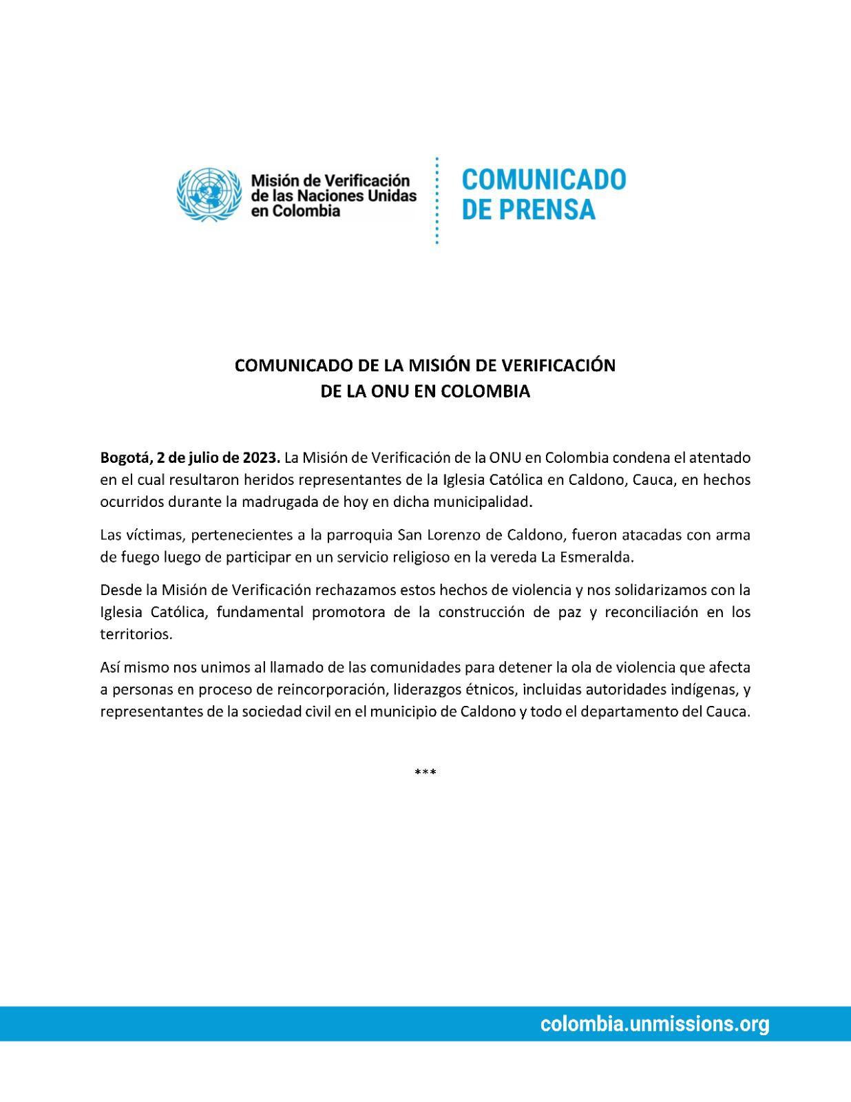Este es el documento en el que la Misión de la ONU en Colombia expresa su rechazo a los hechos y se solidariza con la iglesia.