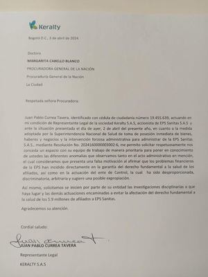 La carta que le envió Keralty, accionista de Sanitas, a la procuradora Cabello.